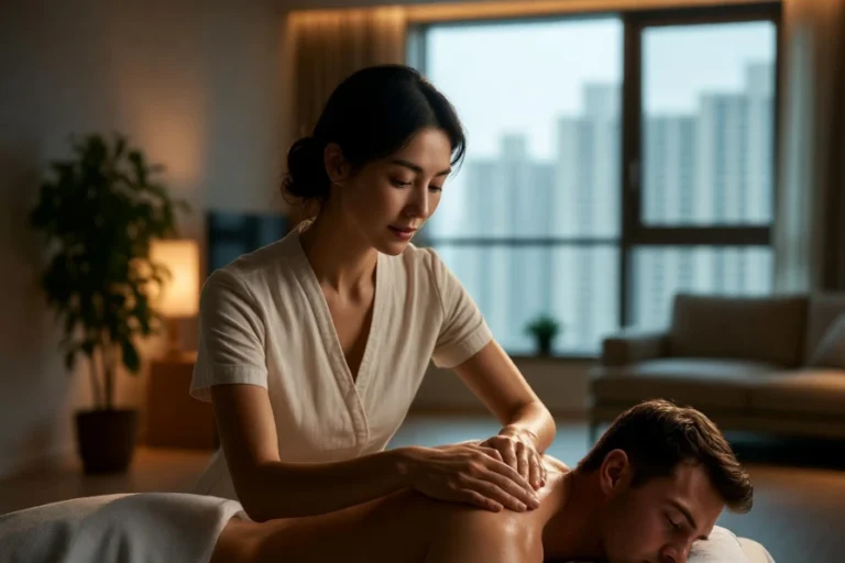 출장마사지 선택 시 브랜드가 중요한 이유를 보여주는 프리미엄 홈케어 서비스 장면