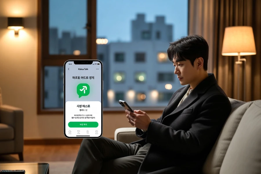 출장마사지 예약을 카카오톡으로 진행하는 서울 남성 고객 모습