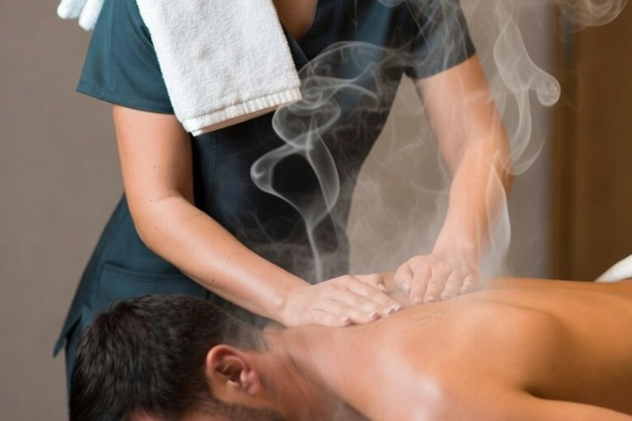 전문 마사지사가 고객을 위한 편안한 마사지를 제공하는 모습